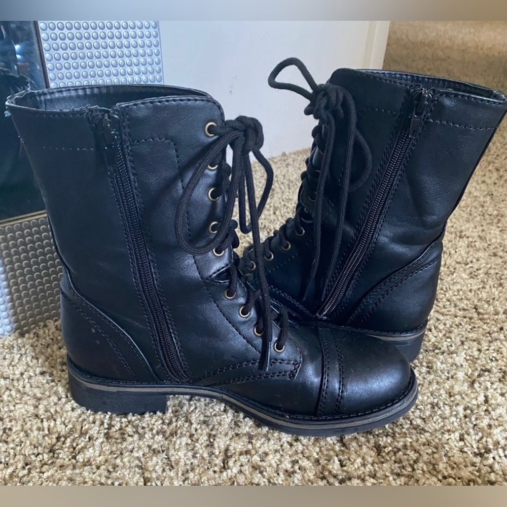 Low rise, Black, Combat, Lace up, Wedges, Boots